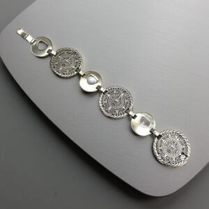 925 Sterling Silver Mayan Aztec Calendar Link Bracelet 8”